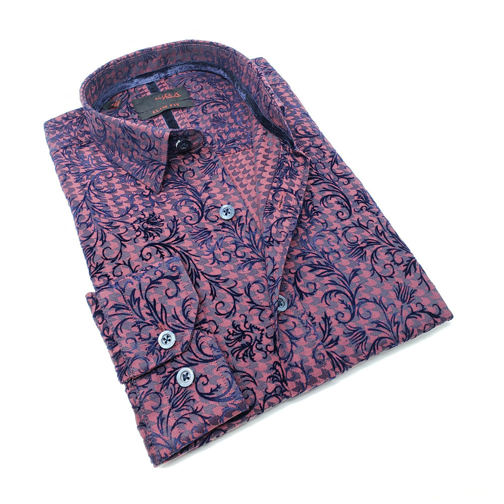 burgundy abstract digital print men's button up shirt with floral vine flocking design