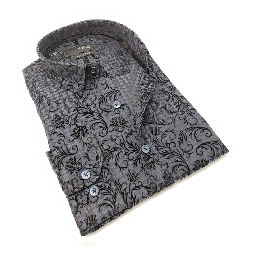 Men's slim fit navy collar button up dress shirt with flower vine flocking design