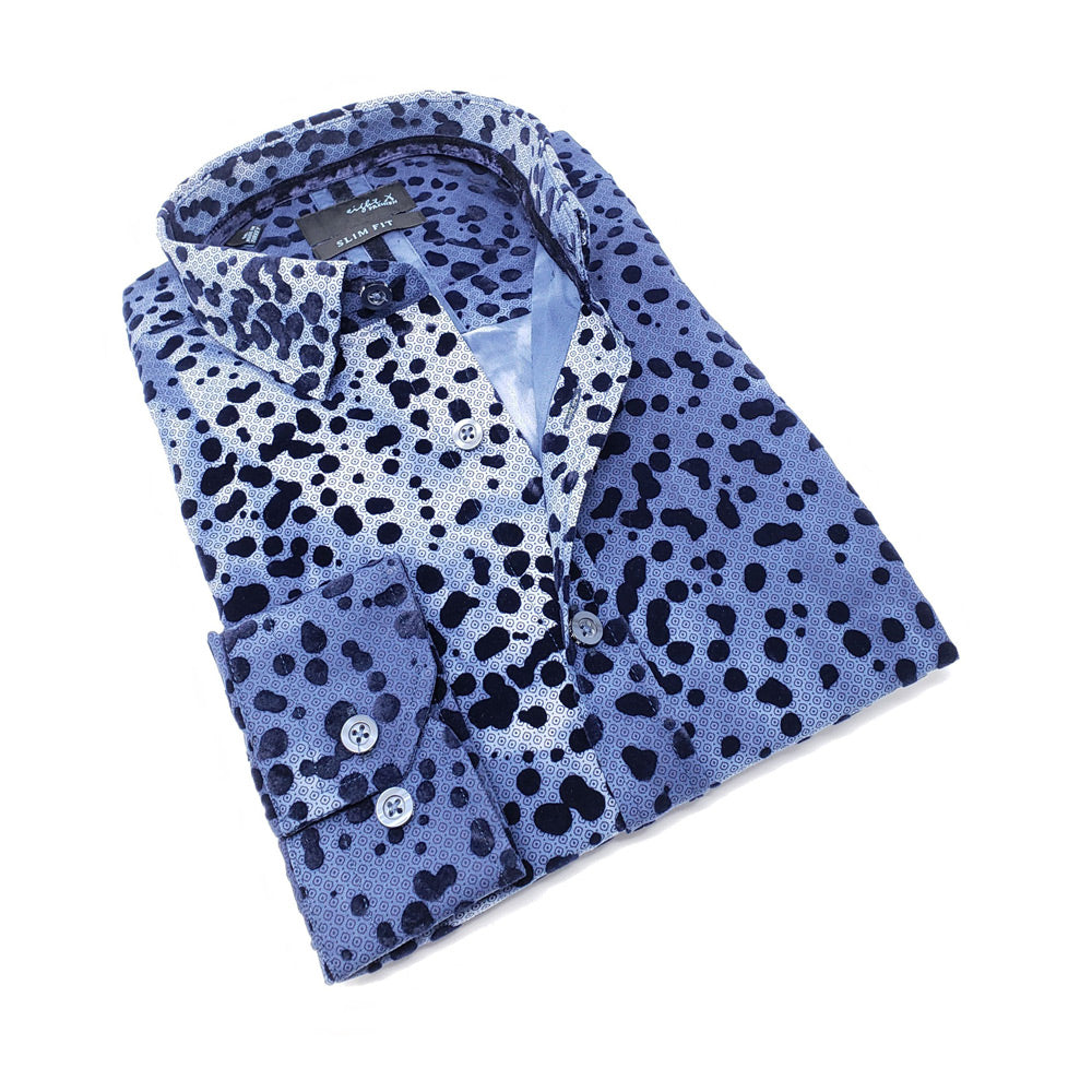 Men's slim fit navy collar button up dress shirt with spotted flocking design