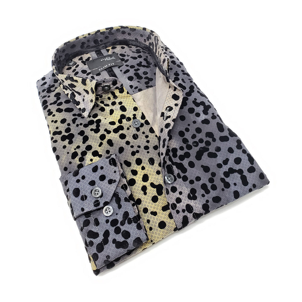 Men's slim fit grey collar button up dress shirt with spotted flocking design