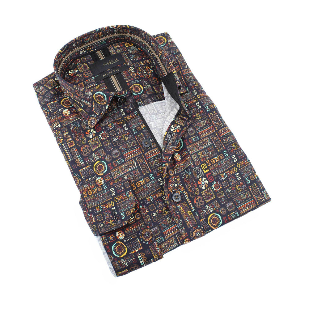 Men's slim fit multi colored collar button up dress shirt with Aztec symbol print