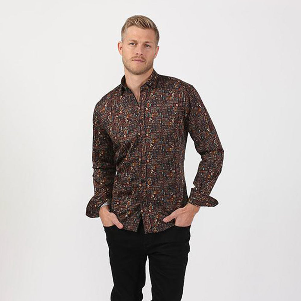 Men's slim fit multi colored collar button up dress shirt with Aztec symbol print