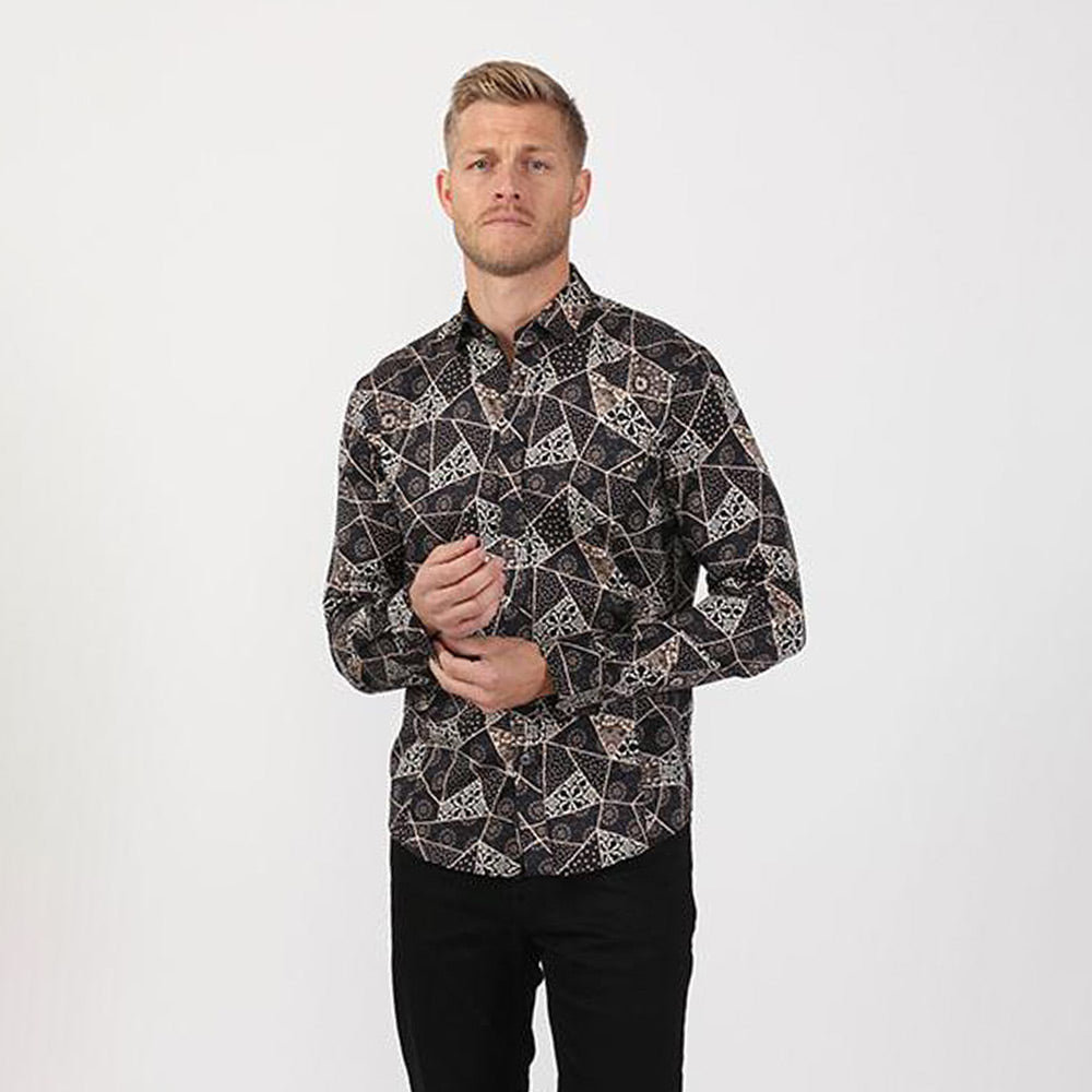 Black and Gold Design Button Down Shirt #10507 Long Sleeve Button Down EightX   
