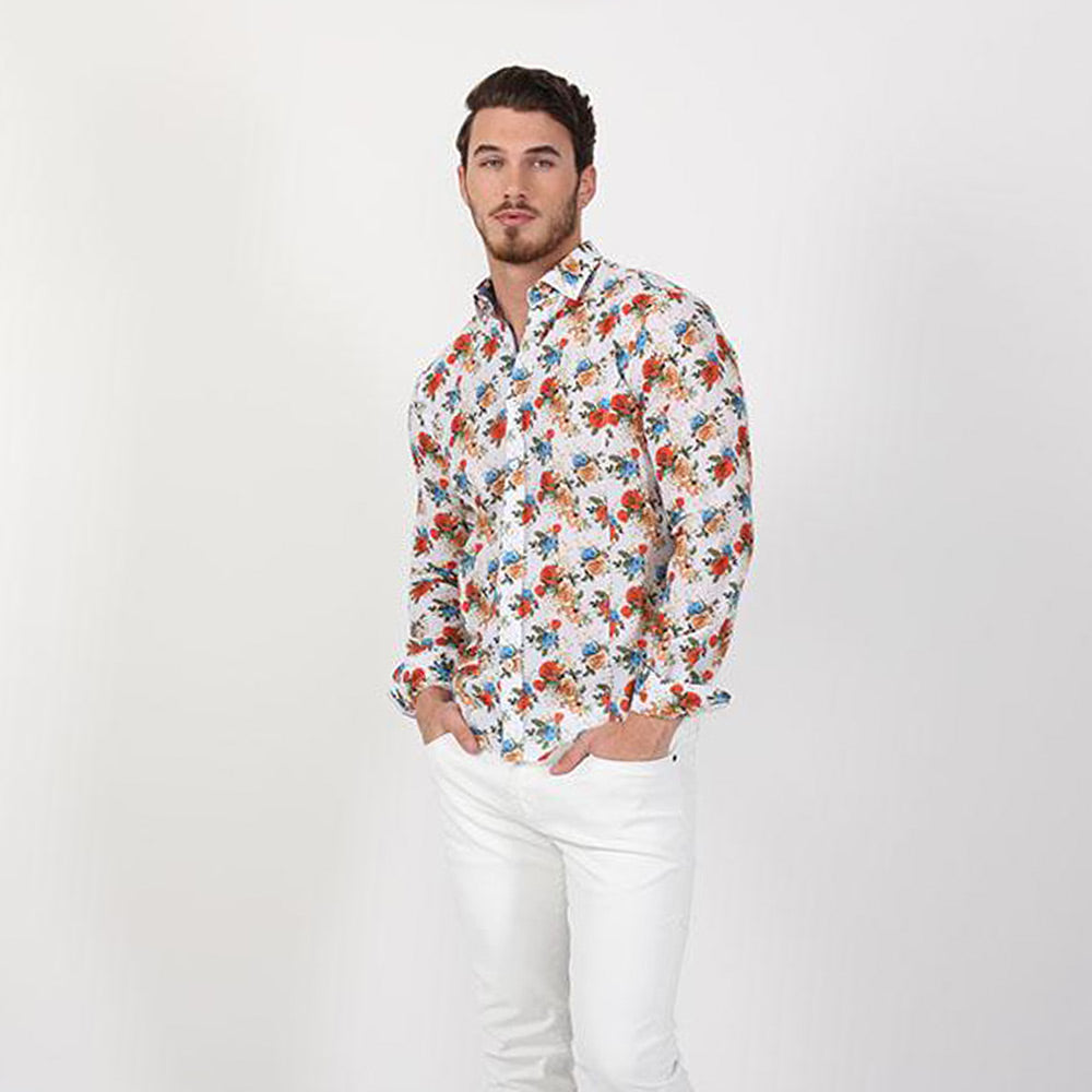 Men's slim fit white collar button up dress shirt with red yellow blue rose print