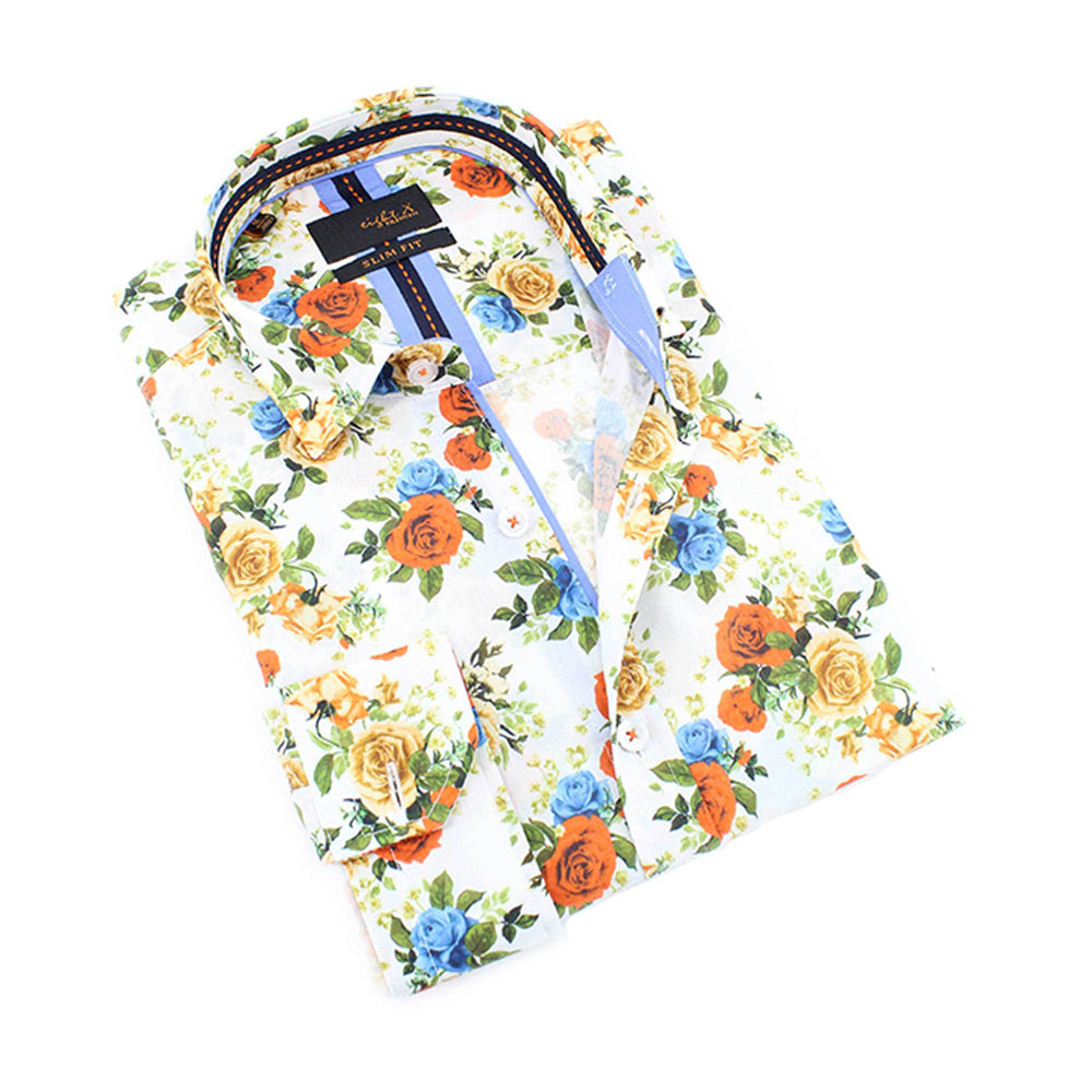 Men's slim fit white collar button up dress shirt with red yellow blue rose print