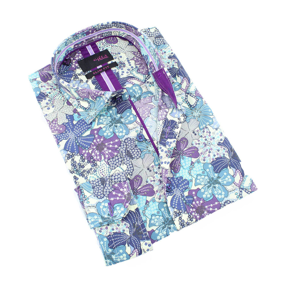 Men's slim fit white collar button up dress shirt with purple and blue flower print