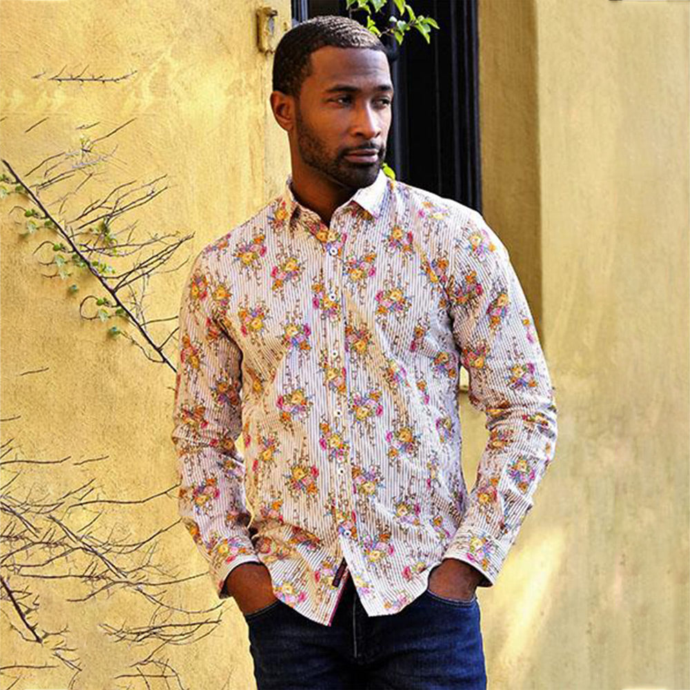 Men's slim fit white collar button up dress shirt with pink stripe and floral print
