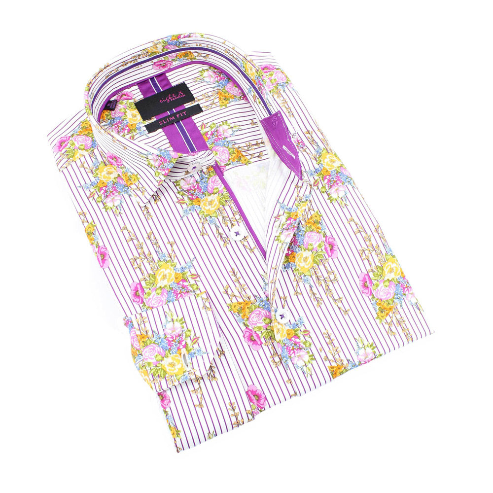 Men's slim fit white collar button up dress shirt with pink stripe and floral print