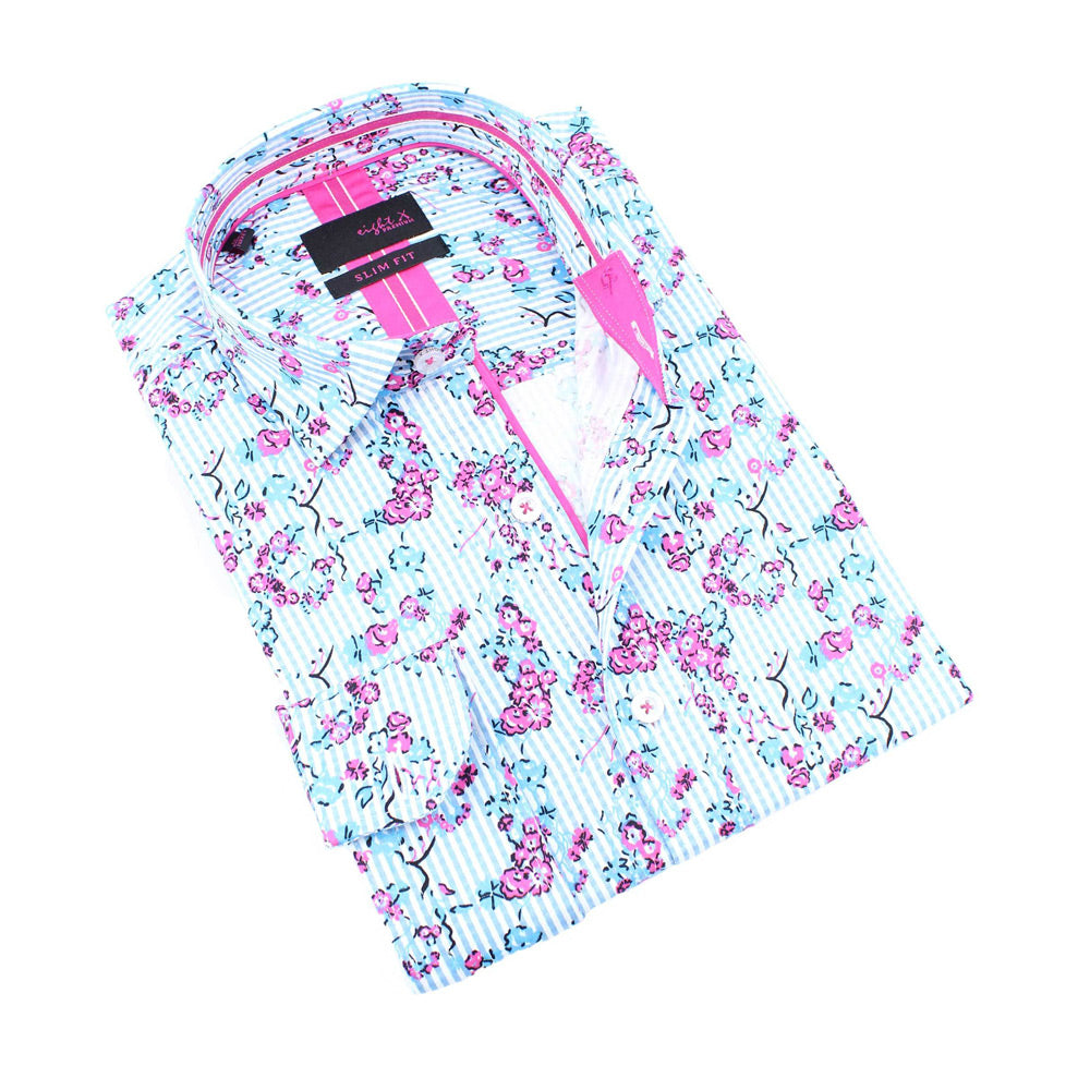 Men's slim fit white collar button up dress shirt with Turquoise Striped Pink Rose Print