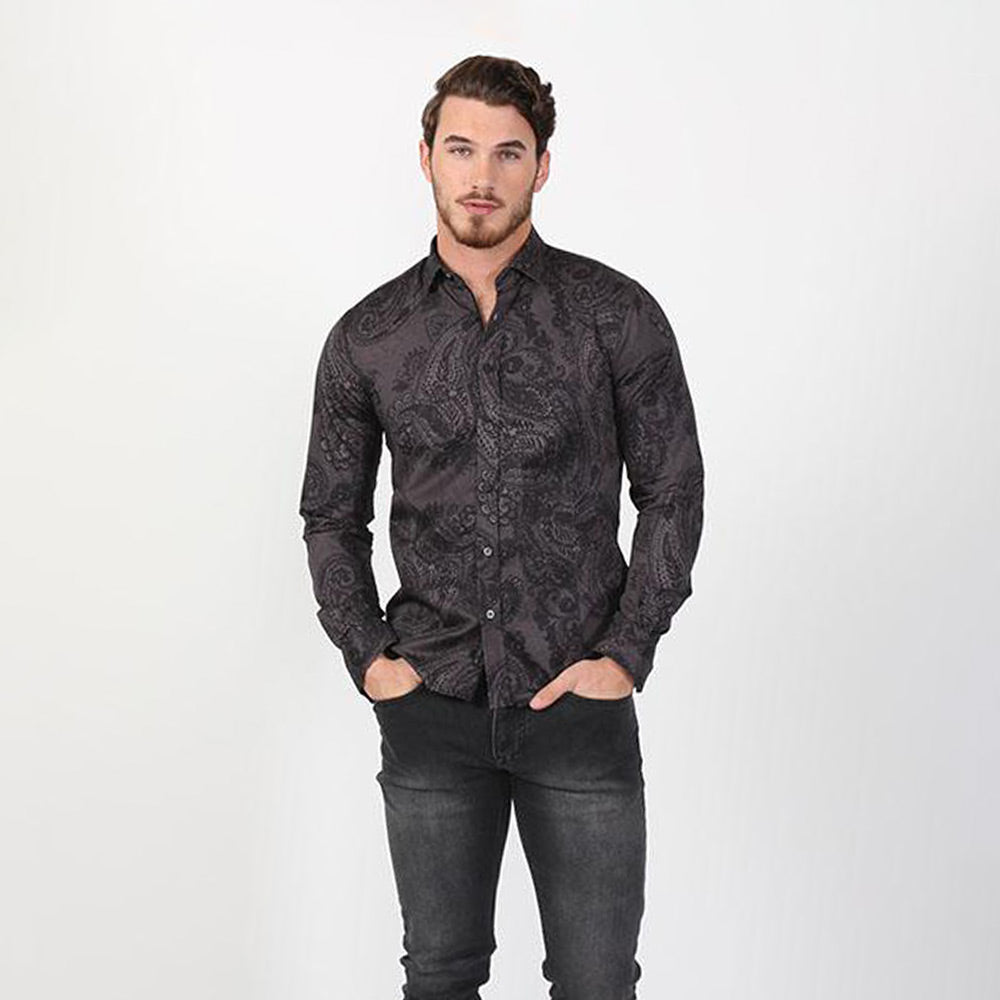 Black Paisley Button Down Mens Shirt Long Sleeve Button Down EightX   