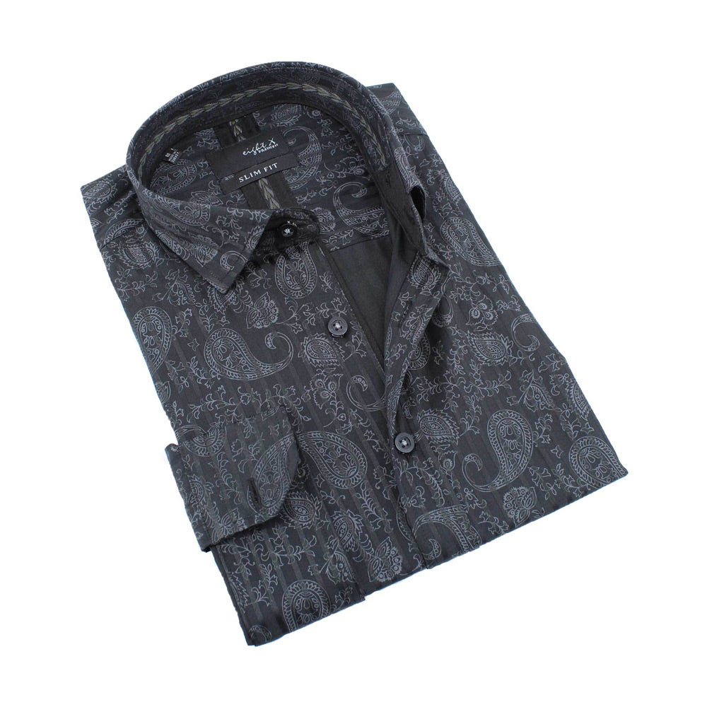 Men's slim fit black paisley print collar button up dress shirt