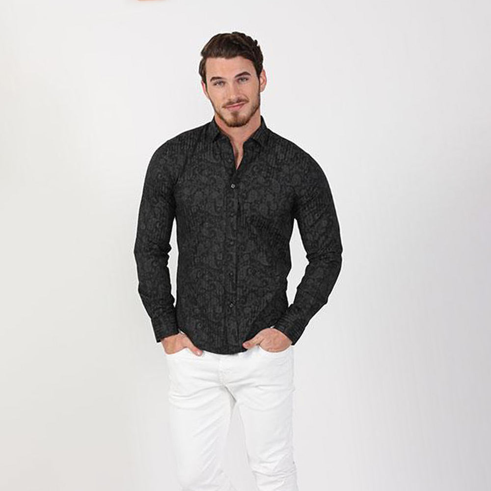 Ocho X Camisas de vestir de disenador Camisa Negra Con Estampado Paisley Blanco Eight X
