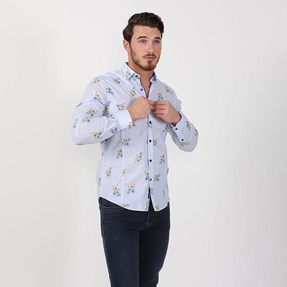 Men's slim fit light blue collar button up dress shirt with yellow floral print