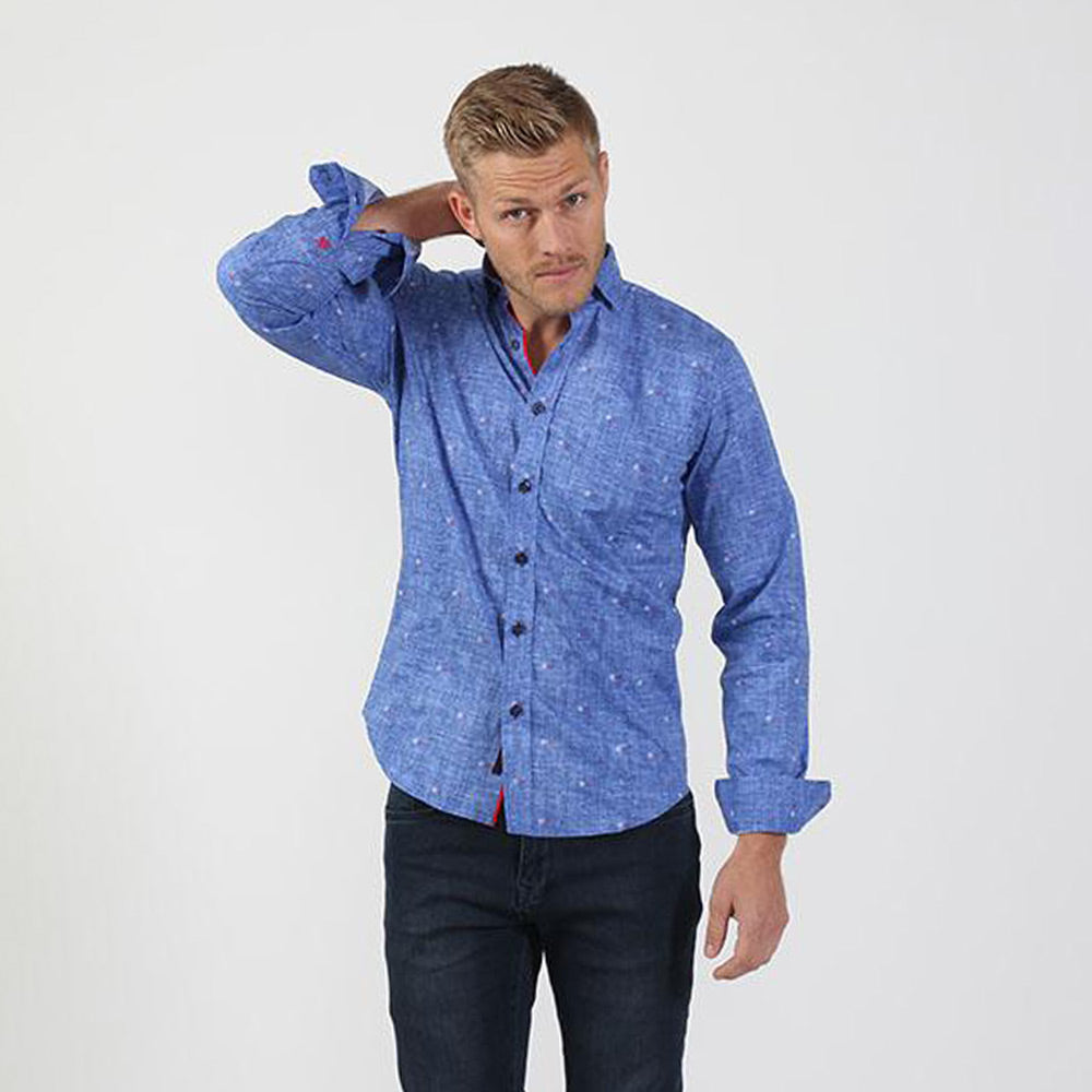 Royal Blue Two colors Dots Button Down Shirt Long Sleeve Button Down EightX   