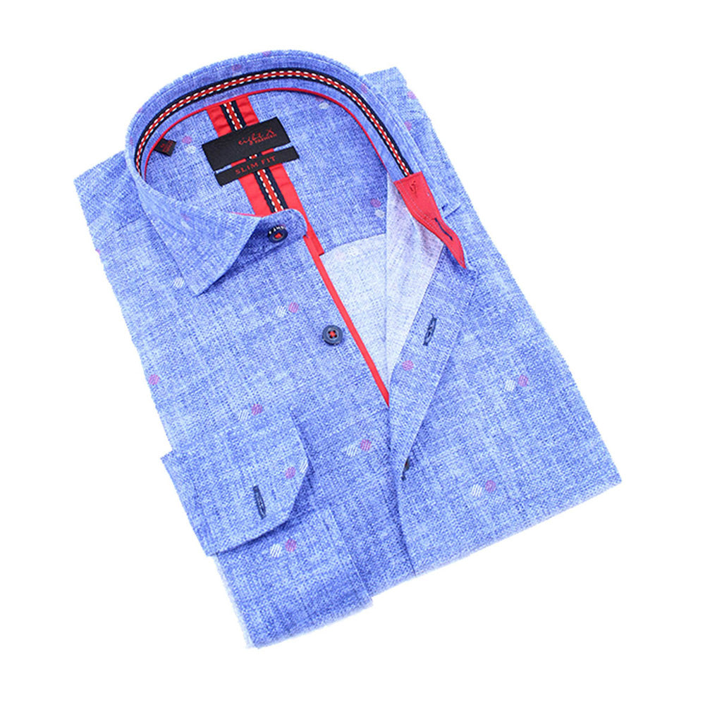Men's slim fit blue two dot stitch design collar button up dress shirt with red trim