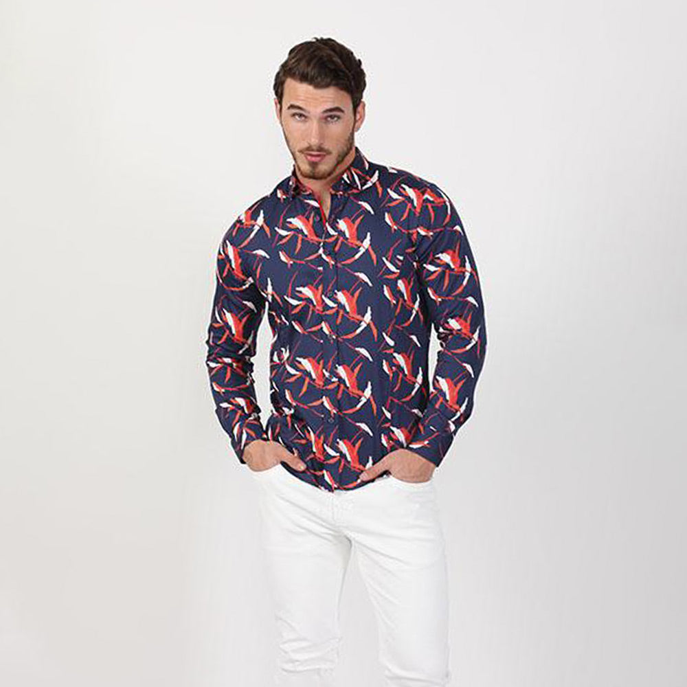 Men's slim fit navy shirt with orange brush print design collar button up dress shirt
