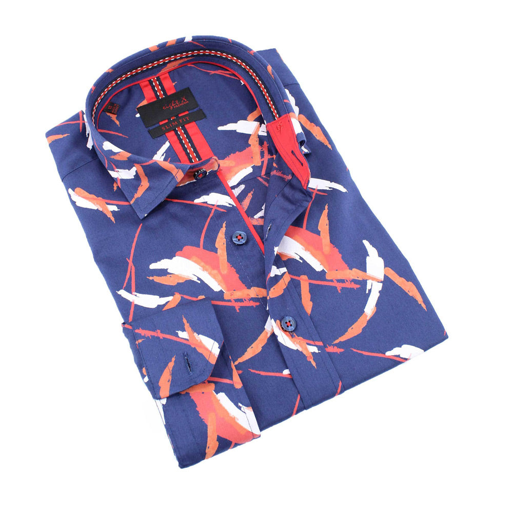 Navy Button Down Shirt W/ Orange Brush Print Design Long Sleeve Button Down EightX NAVY S 