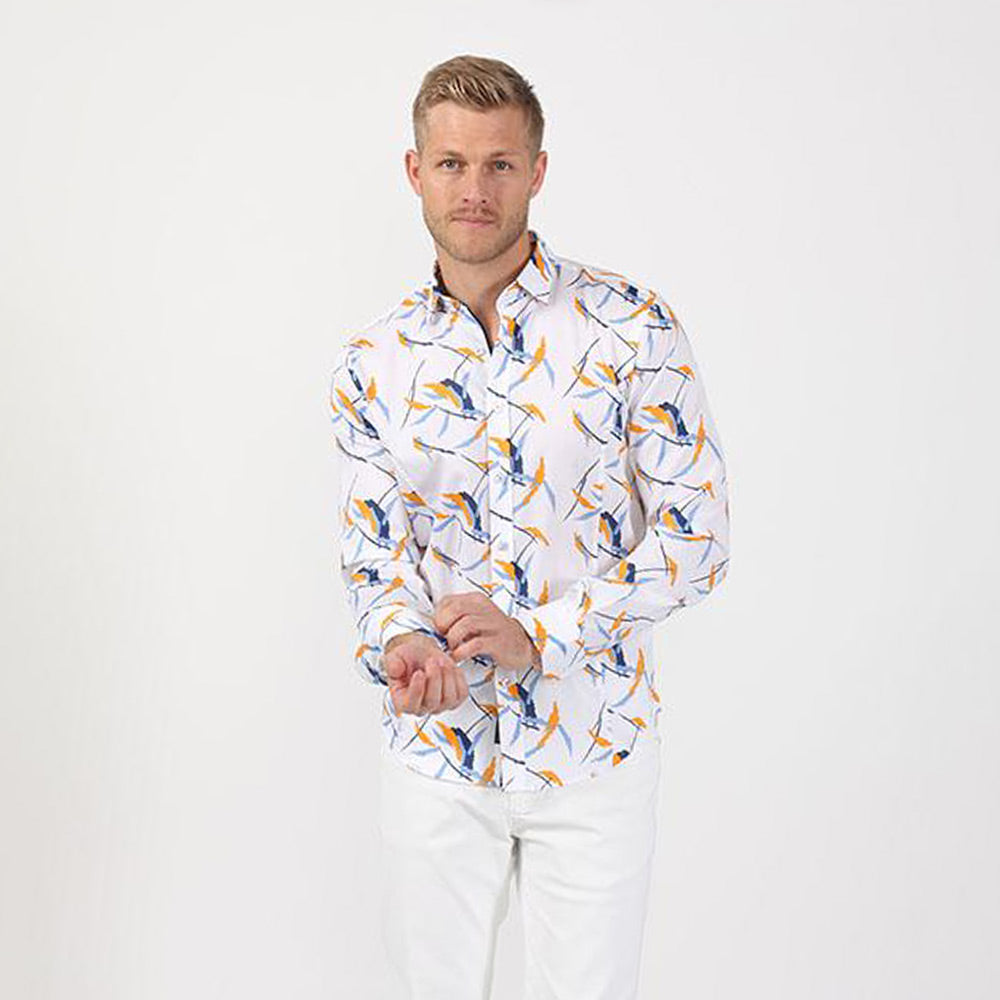 Men's white slim fit retro style collar button up dress shirt with yellow and blue print design