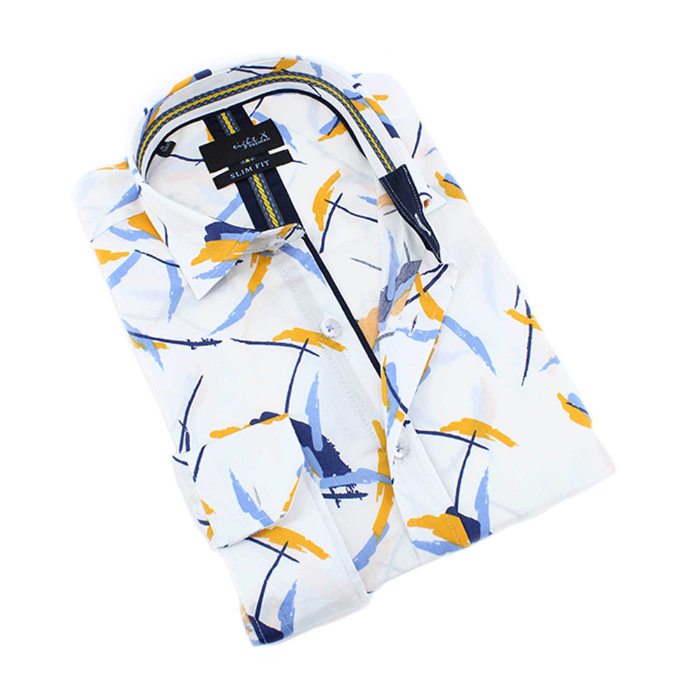 Men's white slim fit retro style collar button up dress shirt with yellow and blue print design