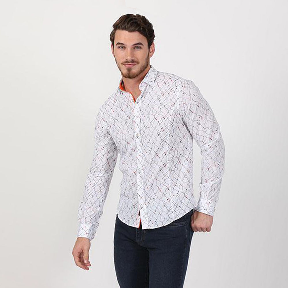 Men's slim fit collar button up dress shirt with fractured digital print