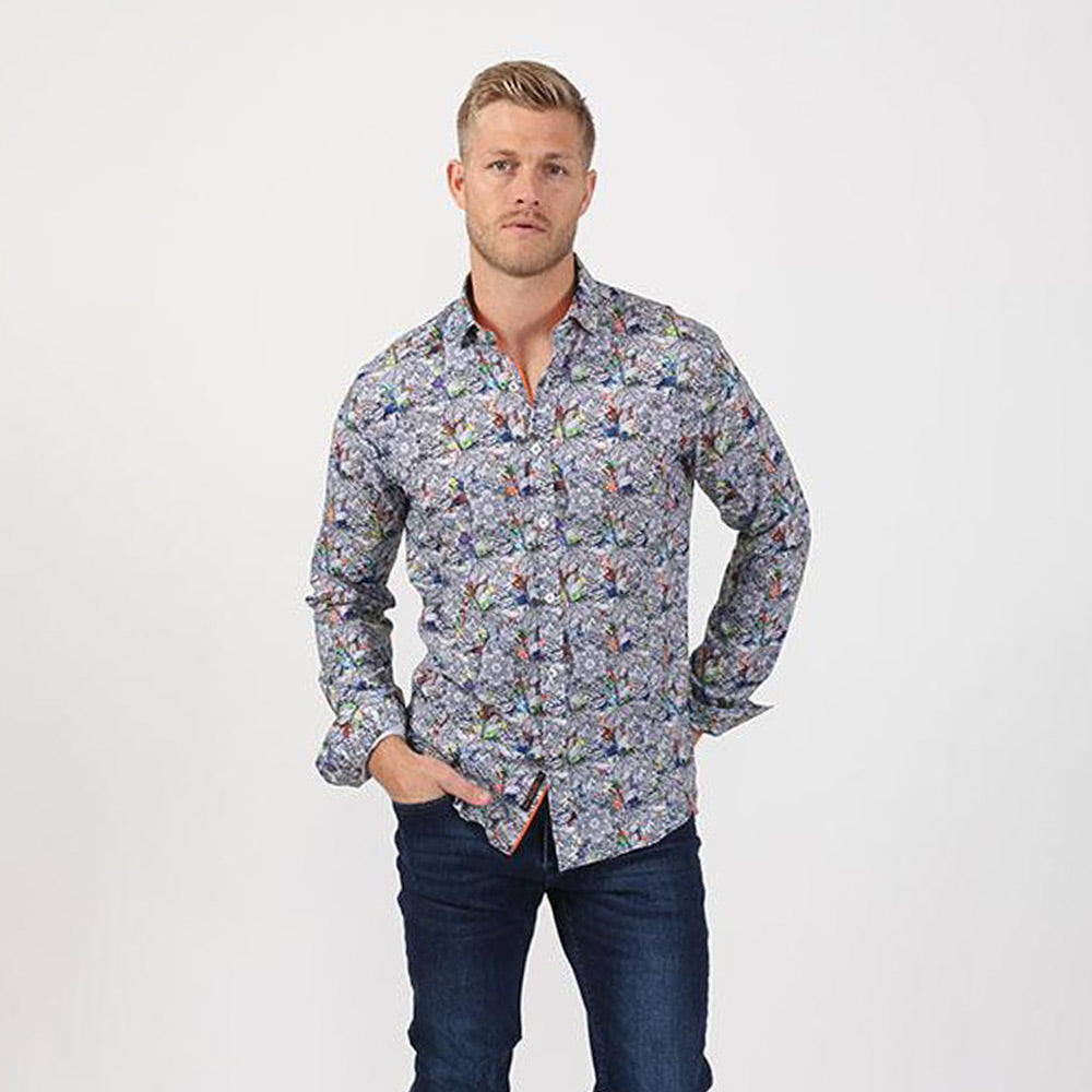 Men's slim fit white button up collar dress shirt with colorful mandala floral print
