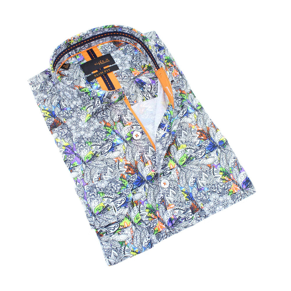 Men's slim fit white button up collar dress shirt with colorful mandala floral print
