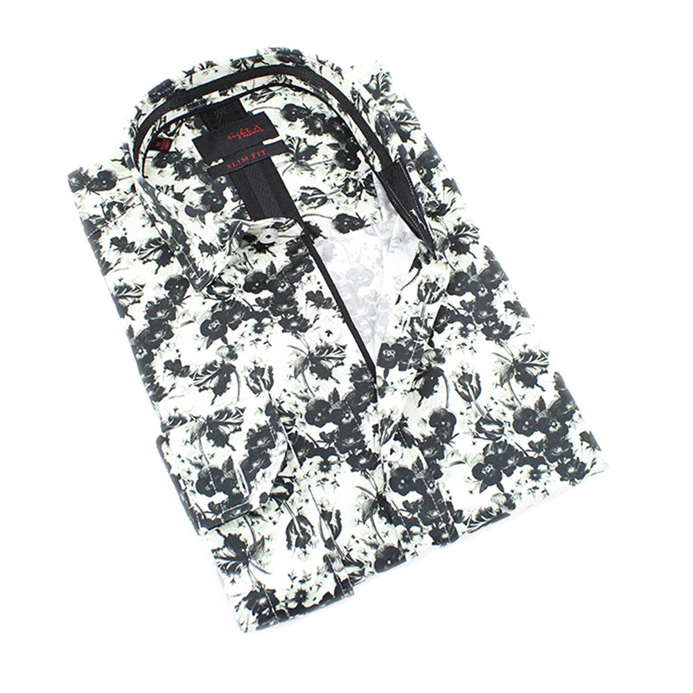 Men's slim fit black and white digital rose print collar button up dress shirt