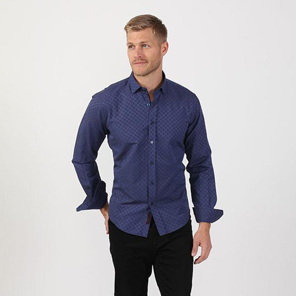 Men's sax blue slim fit digital print button up collar dress shirt
