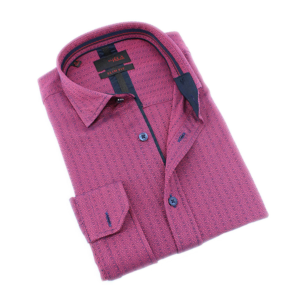 Men's slim fit fuchsia textured print collar button up dress shirt