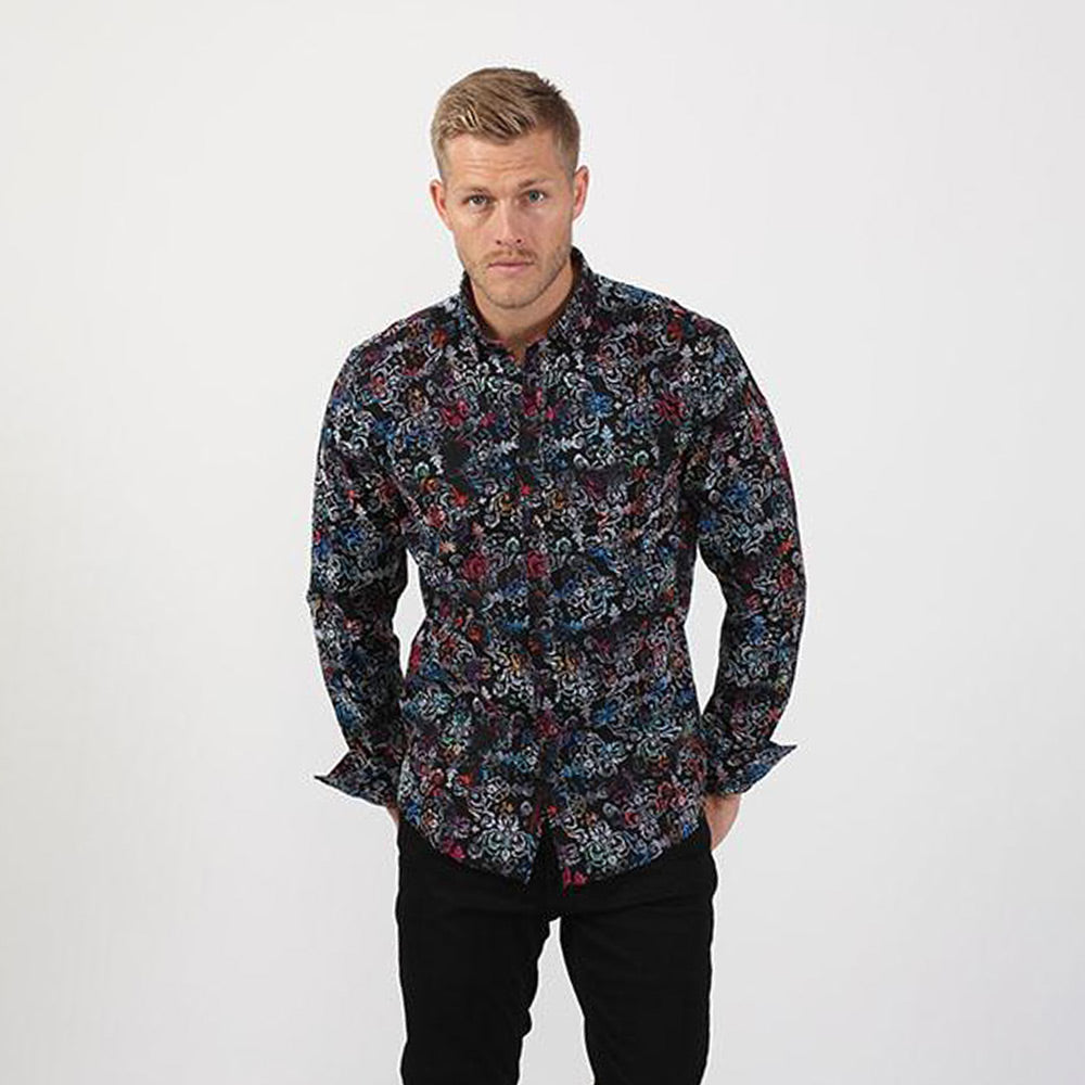 Color Damask Print Button Down Shirt Long Sleeve Button Down EightX   