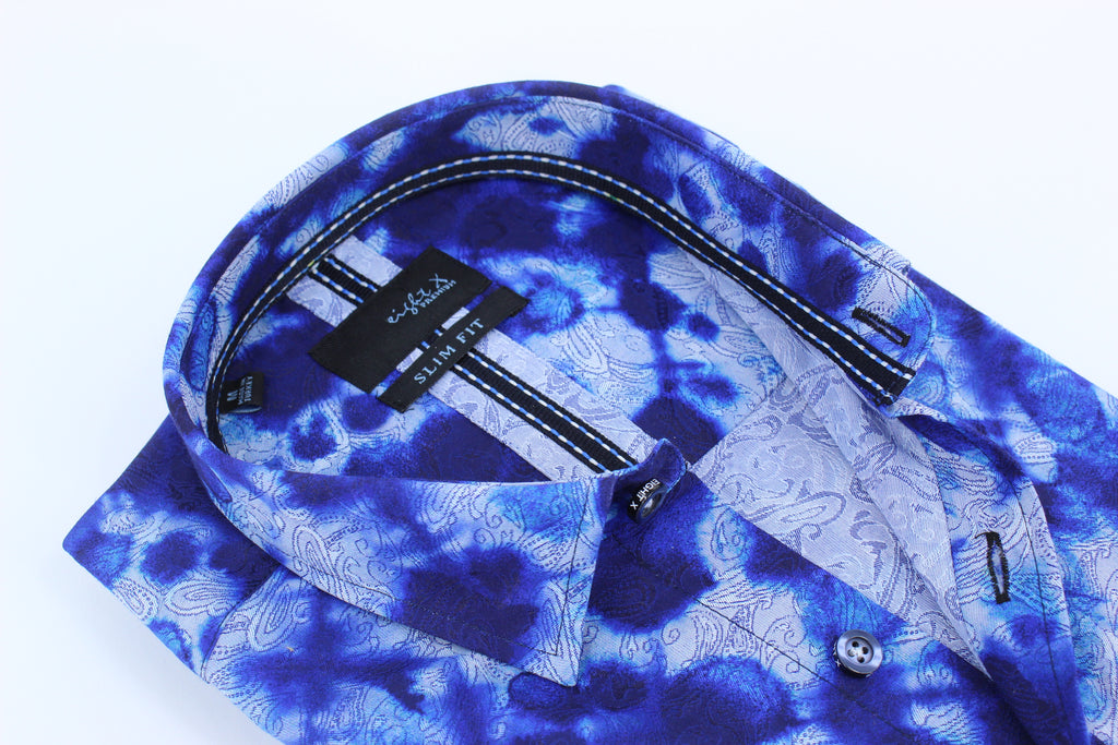 Blue Tie Dye Jacquard Paisley Button Down Shirt Long Sleeve Button Down EightX   