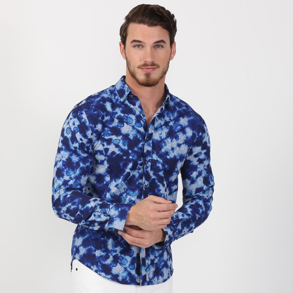 Blue Tie Dye Jacquard Paisley Button Down Shirt Long Sleeve Button Down EightX   