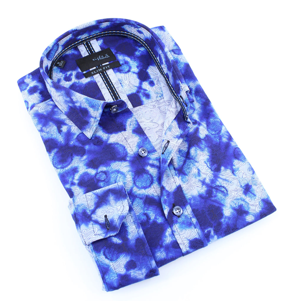 Blue Tie Dye Jacquard Paisley Button Down Shirt Long Sleeve Button Down EightX BLUE S 