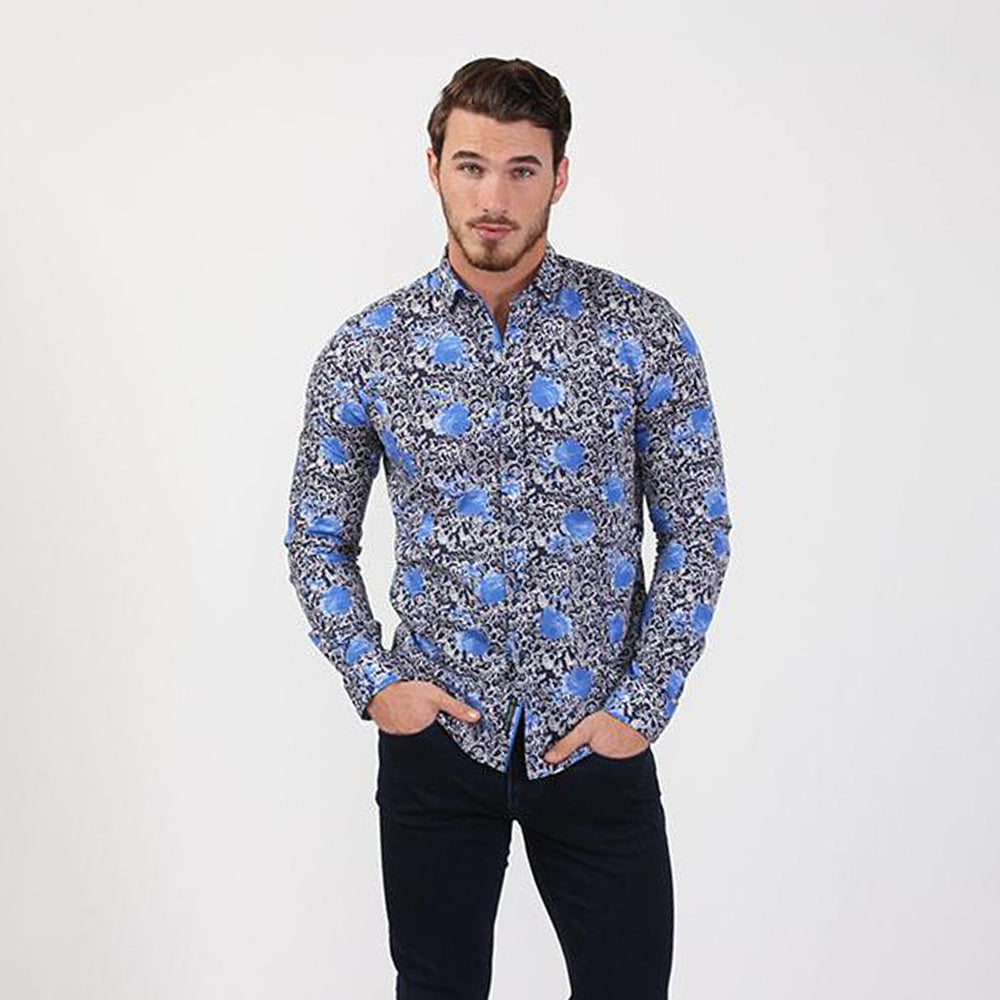 Blue Vine and Rose Button Down Shirt Long Sleeve Button Down EightX   