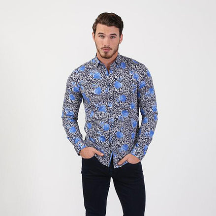Blue Vine and Rose Button Down Shirt Long Sleeve Button Down EightX   