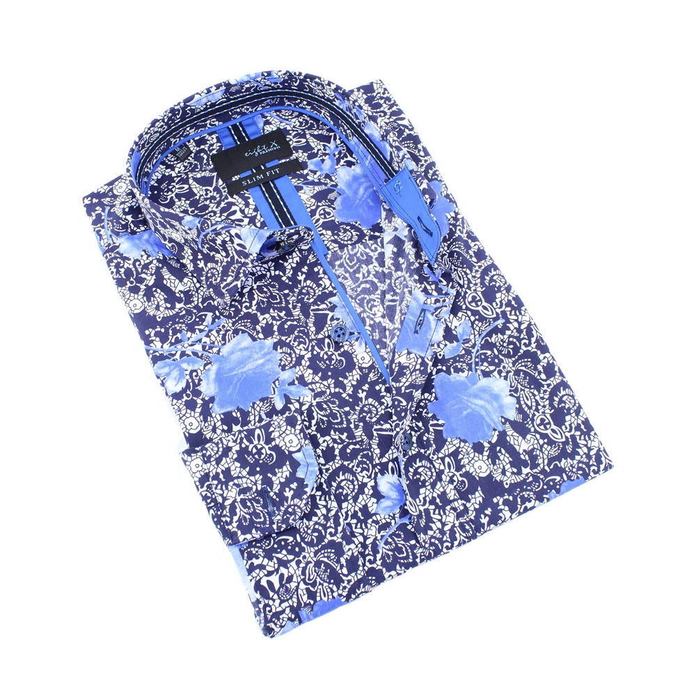 Men's slim fit sax digital rose vine print collar button up dress shirt