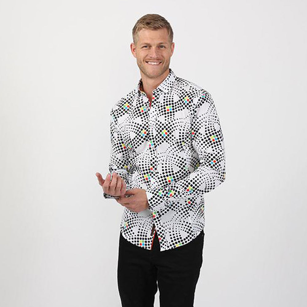Men's slim fit white digital dot pattern print collar button up dress shirt
