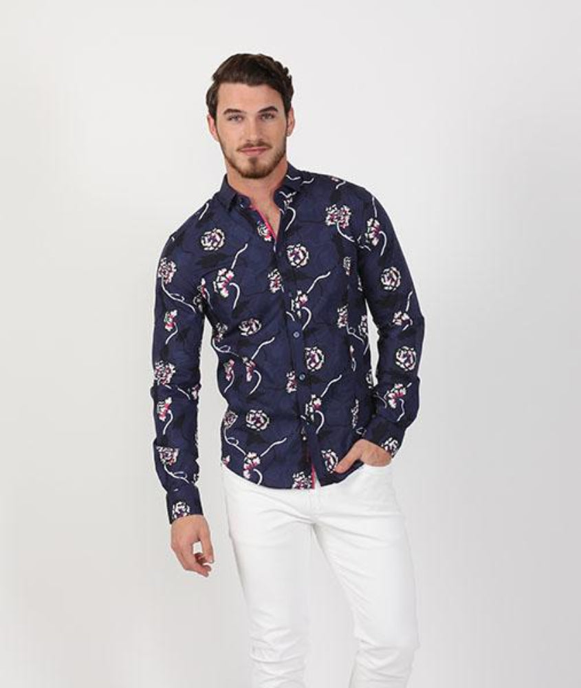 Men's slim fit purple urban floral print collar button up dress shirt