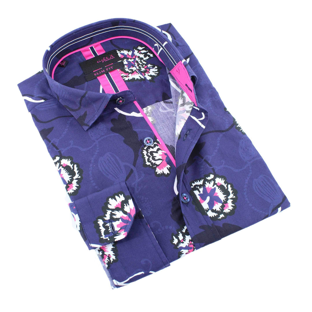 Men's slim fit purple urban floral print collar button up dress shirt