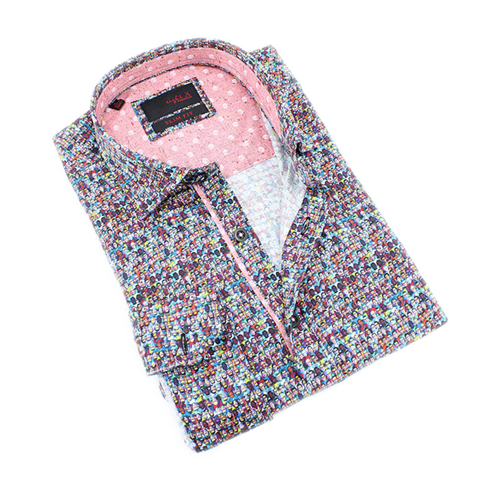 Men's slim fit digital portraits print collar button up dress shirt with pink trim