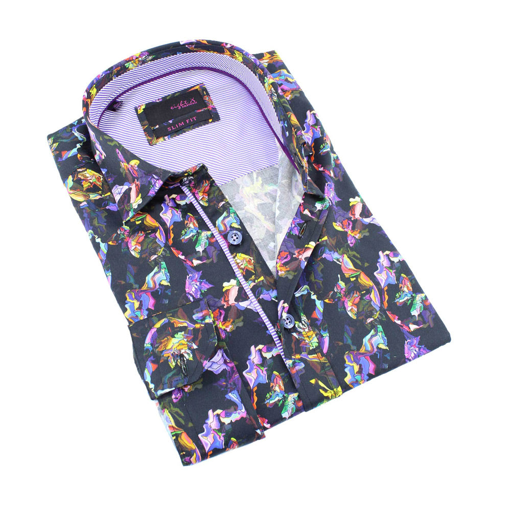 Men's slim fit multi colored abstract butterfly digital print collar button up dress  shirt