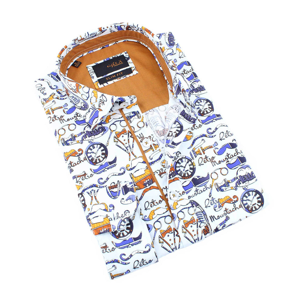 Gentleman's Print Button Down Shirt Long Sleeve Button Down EightX WHITE S 