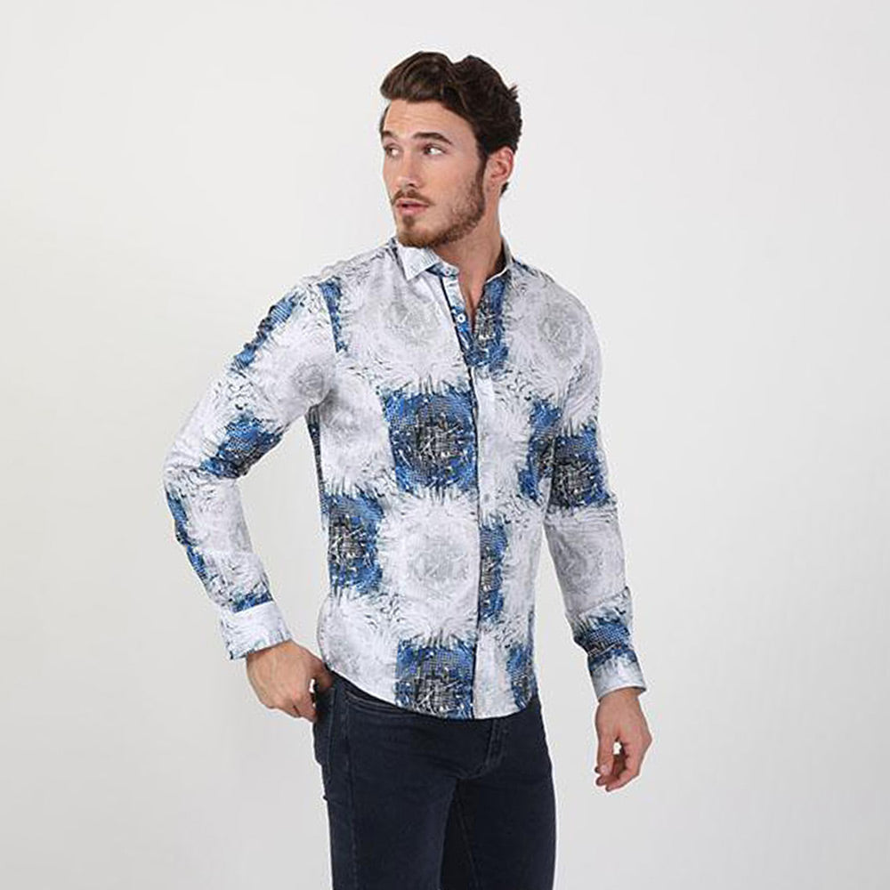 Men's slim fit digital abstract pattern print collar button up dress shirt