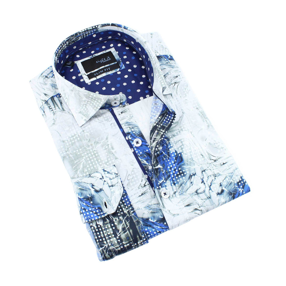 Men's slim fit digital abstract pattern print collar button up dress shirt