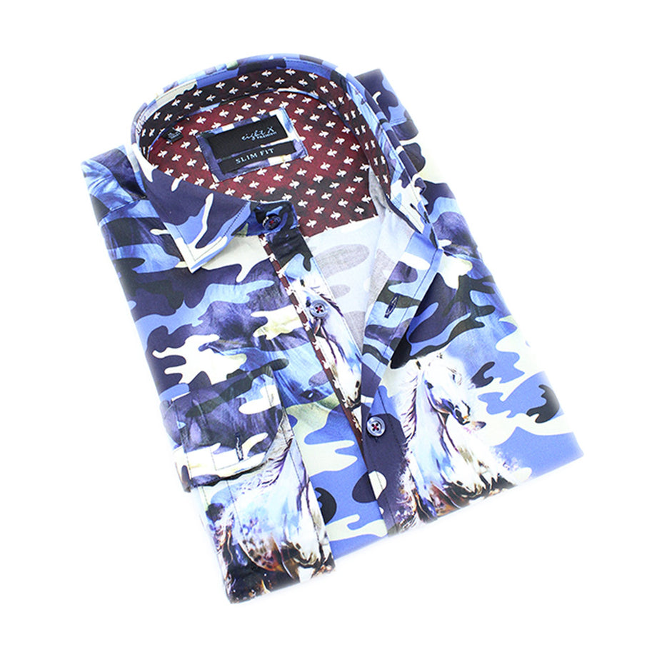 Eight-X | Designer Dress Shirts | BLUE Camo Horses Print Shirt BLUE / M Eight-X | Designer Dress Shirts | BLUE Camo Horses Print Shirt BLUE / M