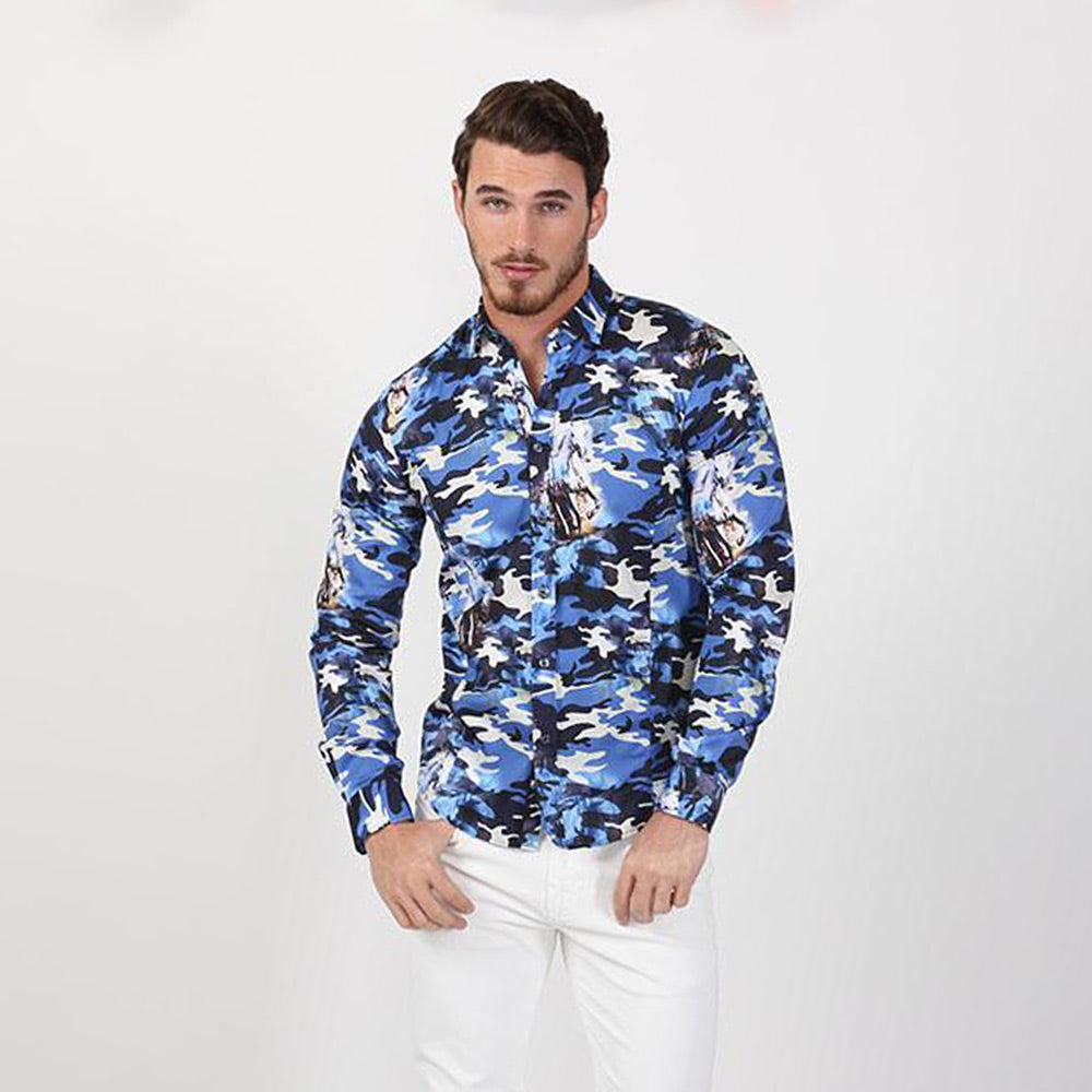 Eight-X | Designer Dress Shirts | Blue Camo Horses Print Shirt Blue / M Eight-X | Designer Dress Shirts | Blue Camo Horses Print Shirt Blue / M