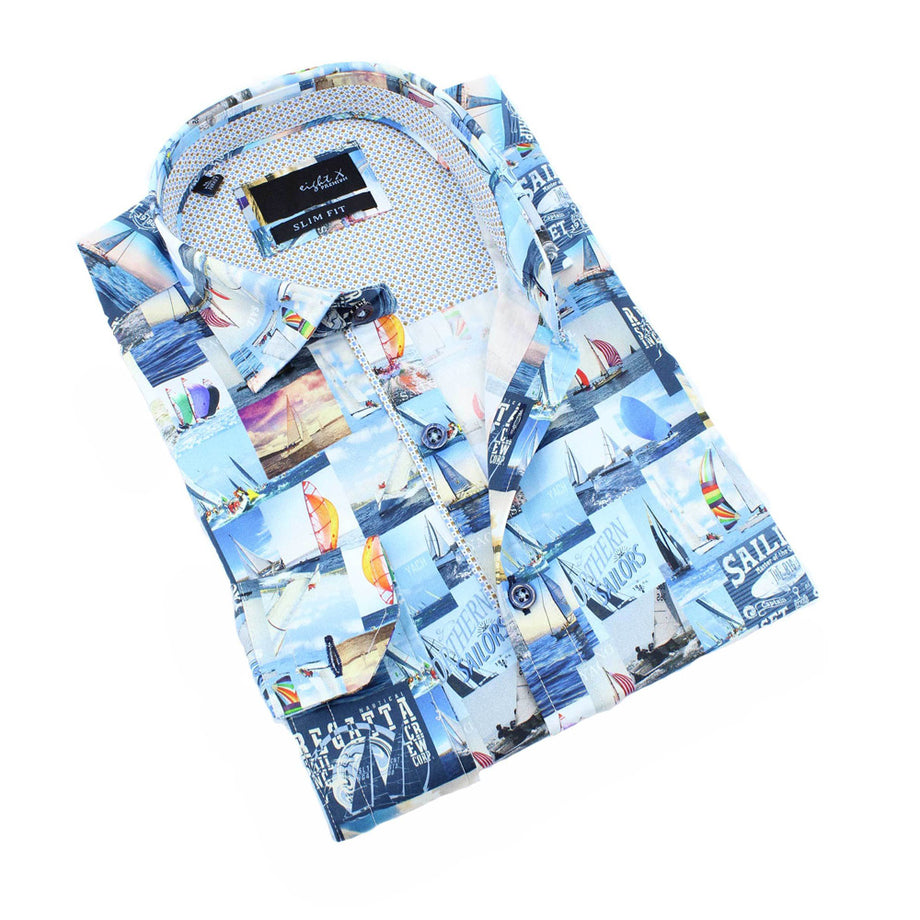 sailboat dress shirt Johnnie-O Men's Tencel Blend Short Sleeve Button Down Shirt in Blue  Sailboat Print Casual Top Shelf Shirt,