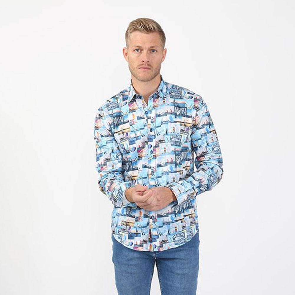 Men's slim fit blue sailboat digital print button up collar dress up shirt