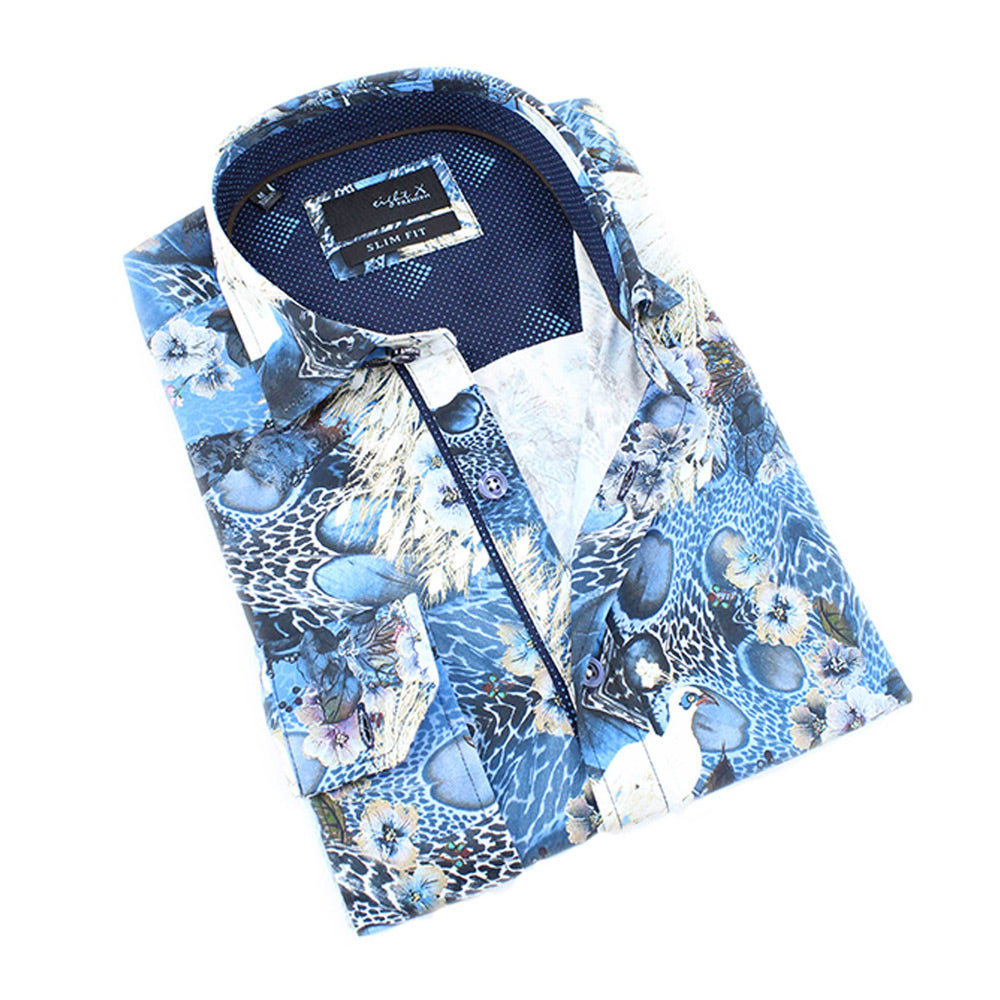 Men's slim fit blue tropical peacock feather print button up collar dress shirt