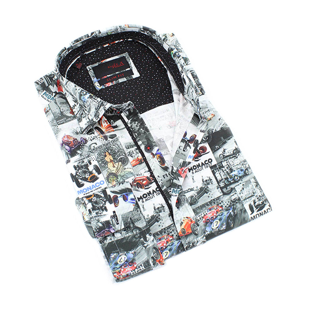 Monaco Print Shirt Long Sleeve Button Down EightX BLACK S 